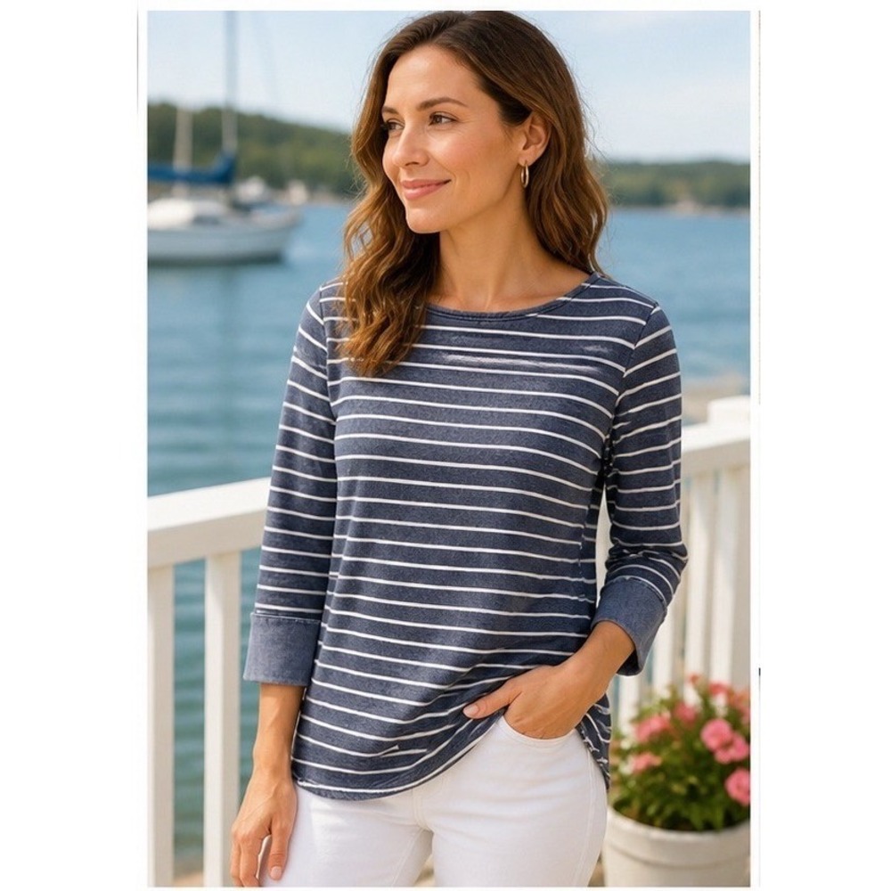 Womens M Nautical Striped Boatneck Top Blue White 3/4 Sleeve Country Yacht Club